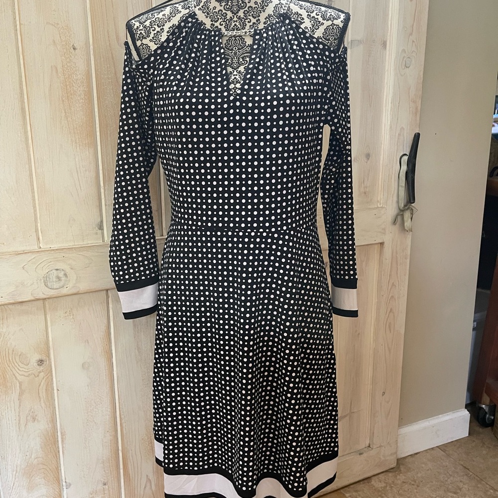 Michael Kors Cold Shoulder Halter top Midi Dress Size Medium Black Dots